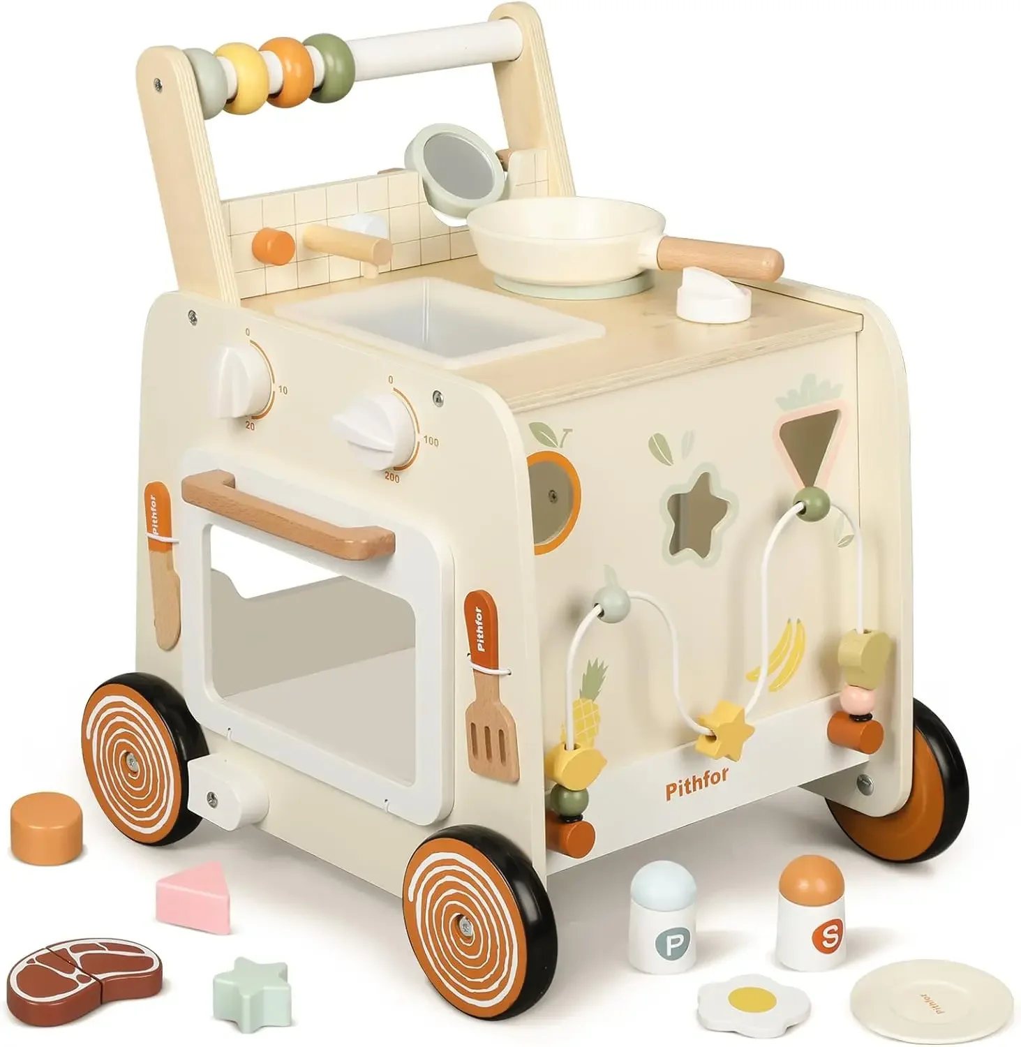

3-in-1 Wooden Baby Walker with Kitchen & Sensory Play, Adjustable Speed, Safe for Learning to Walk
