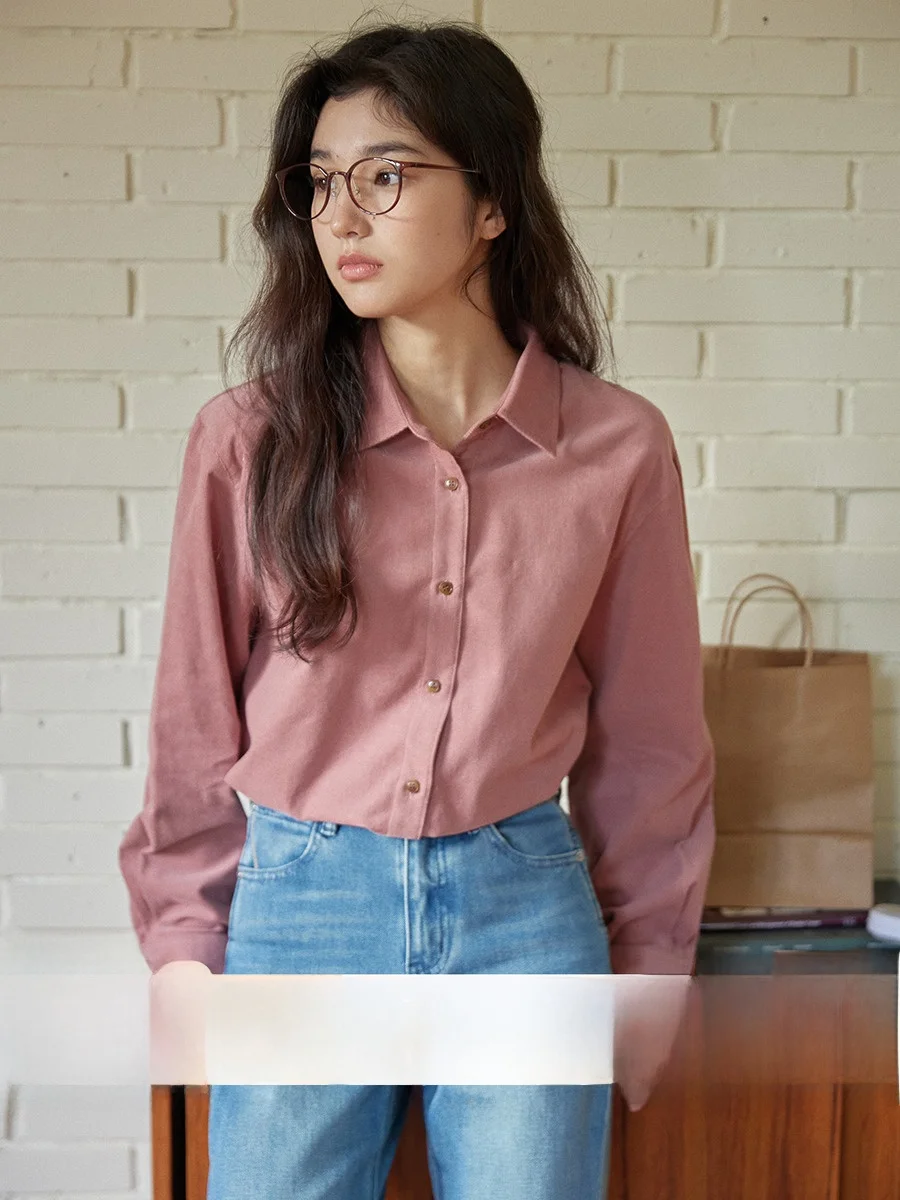 

Розовый вельветовый ирт в стиле ретро, женский весенне-осенний хлопковый воротник с завязками на пуговицах, теплый длинный свеч, чистый...