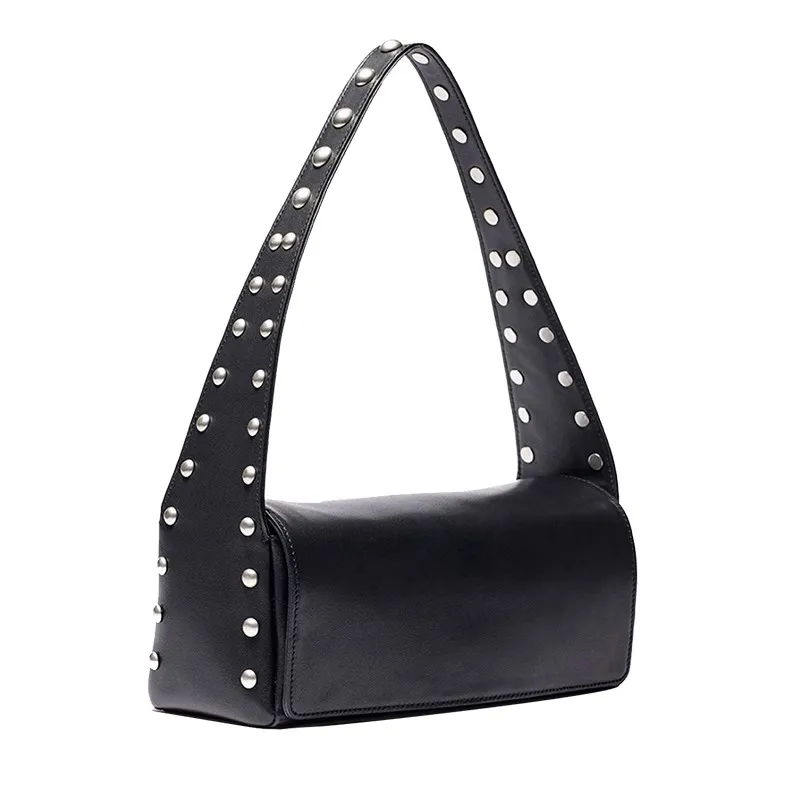 New Brand Rivet Decor Design Vintage Shoulder Bag Punk Handbag Coffee Underarm Bag High Capacity Luxury Design Lady Tote Bag