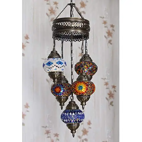 LaModaHome 40 + Unique Colors, 2020 Customizable Chandelier 5 Globes + Free 5 Bulbs, stunning Mosaic Turkish Lamp Moroccan Light