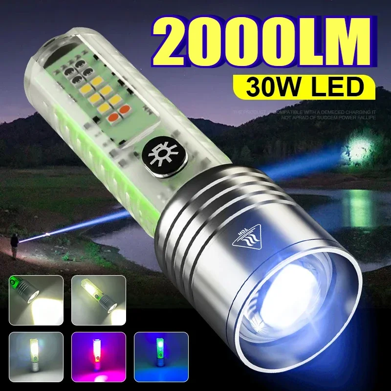 

High Power Led Flashlights Fluorescence Rechargeable Flashlight with Side Light 2000LM Multifunction Mini Torch with Magnet