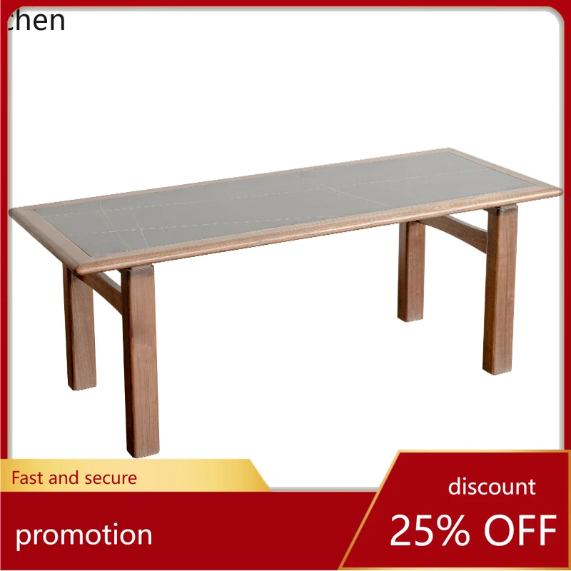 

HT rock slab dining table household small apartment black walnut solid wood rectangular dining table and chairs large desk