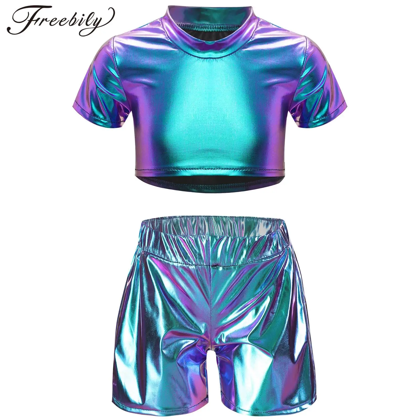 Fashion Girls Outfits Kids Jazz Dance Costume 2pcs Shiny Dancewear Children Clothing Teens Metallic Performance Party Sets