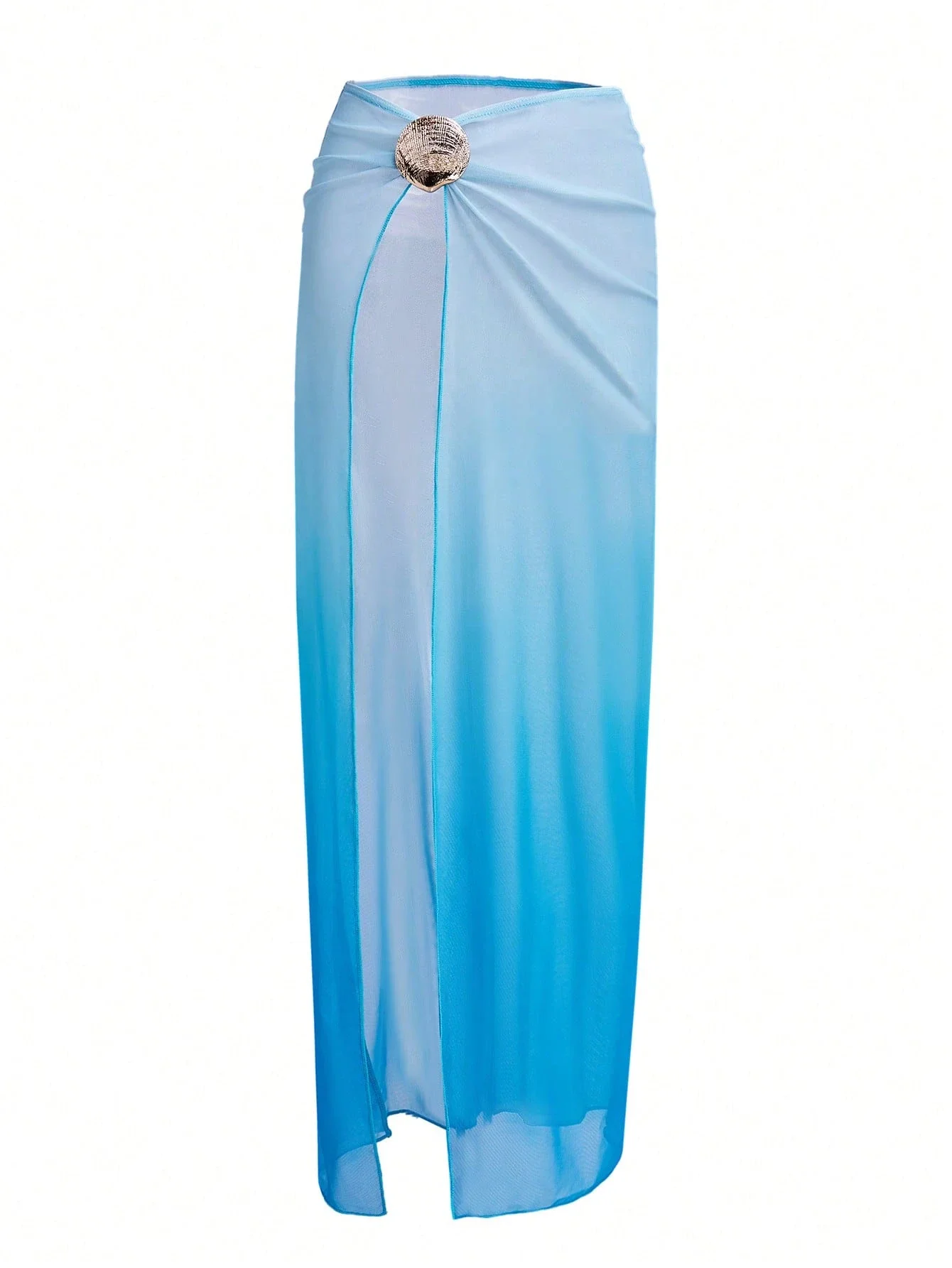 

Gradient Blue 3-Piece Beach Set: Crop Top, Tie-Side Shorts, And Sheer Skirt With Shell Clasp