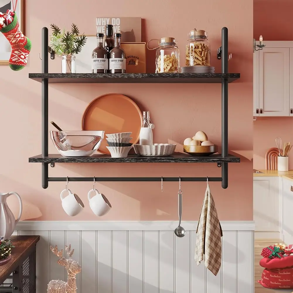 

Pipe Shelf Industrial Floating Shelving 31"" Kitchen Wall-Mounted Shelf Towel Bar Hooks Coffee Bar Shelves Wine Hanging Display