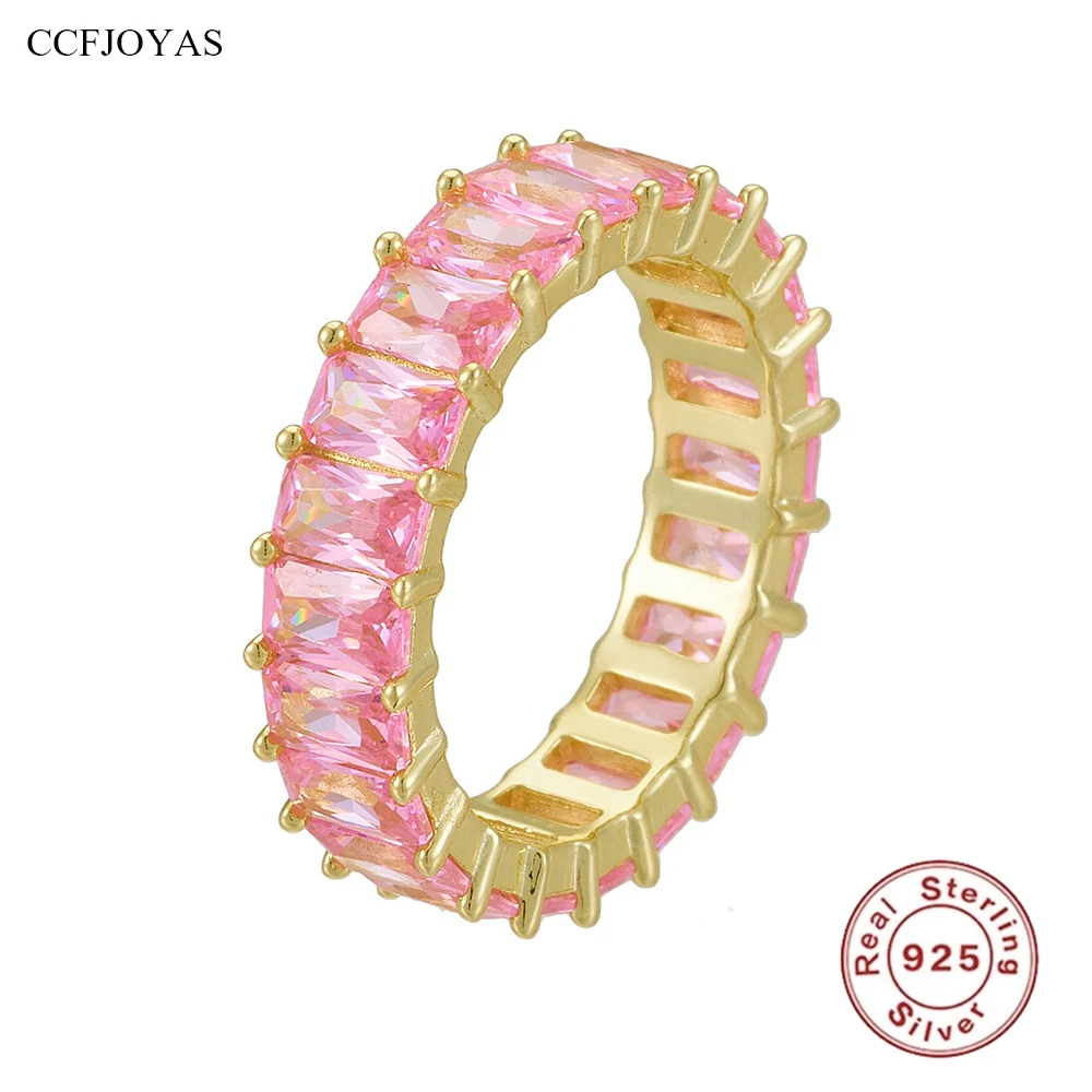 

CCFJOYAS 100% 925 Sterling Silver Hip-Hop Rectangular Zircon Rings for Women 18k Gold Plated White/Pink/Champagne Zircon Ring