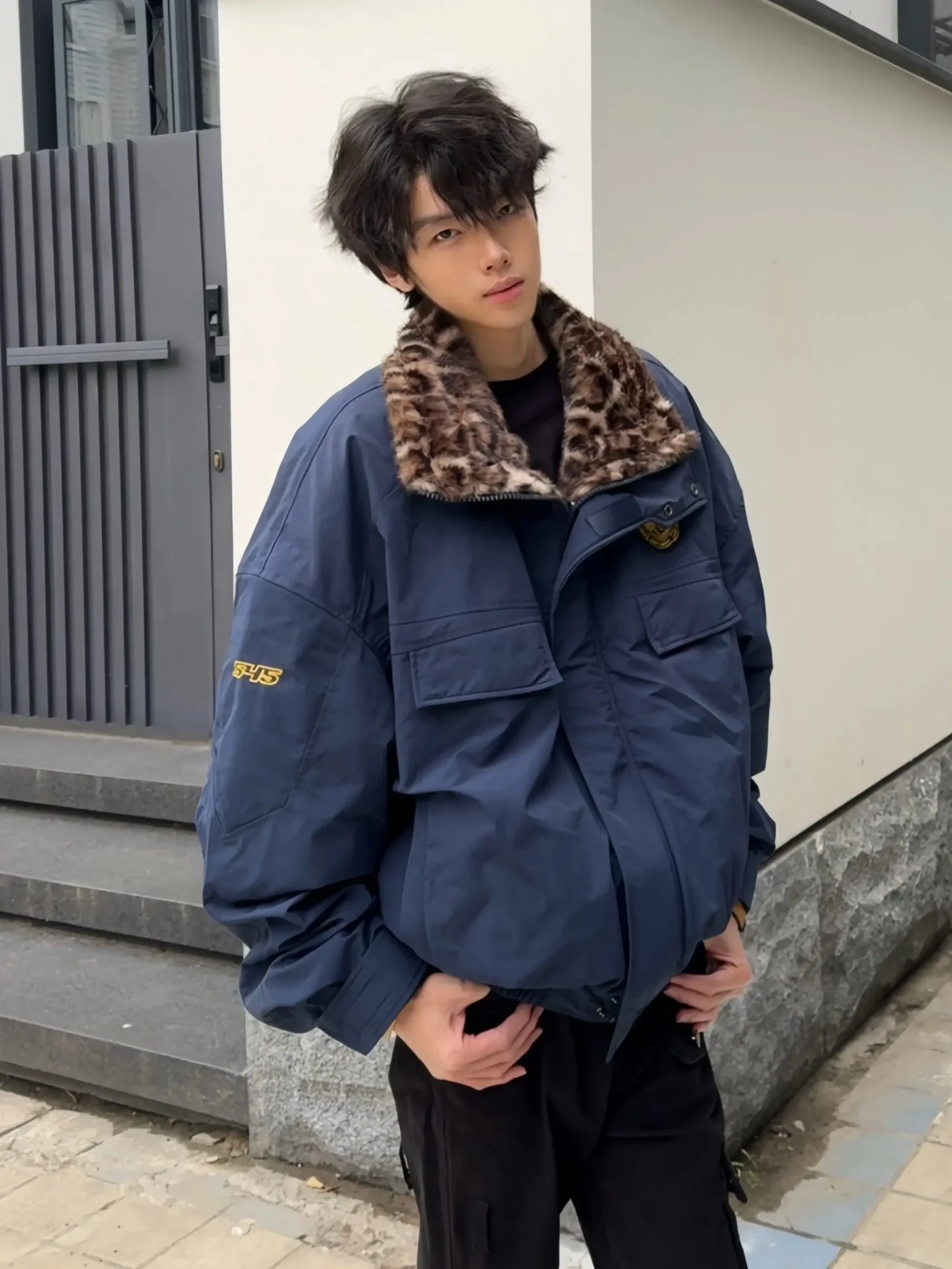 

Men's Winter Parka Jaet Embroidered Patchwork Durable Cotton Warmth Leopard Print Mountain Eagle Design Zipper Closure