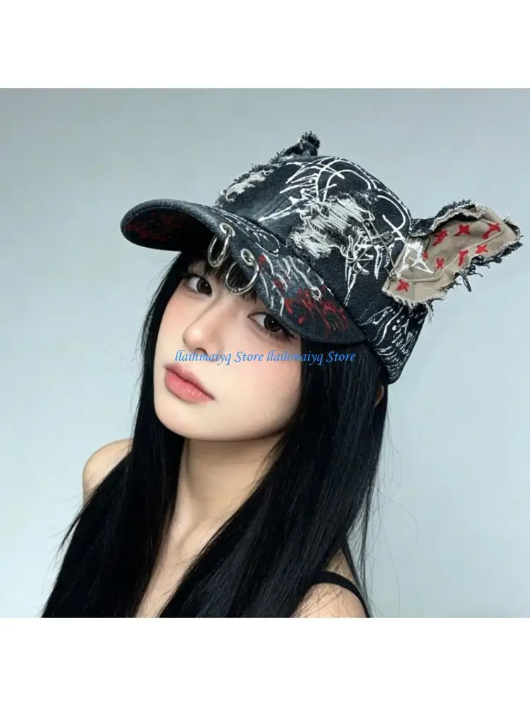 573B 2000s Ripped Baseball Hat Distressed Design And Metal Rings Adult Truck Hat