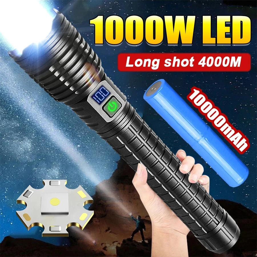 10000mAh Rechargeable LED Flashlight 1000 Watts Most Powerful Torch Light High Power Flashlight 4000M Long Shot Tactical Lantern