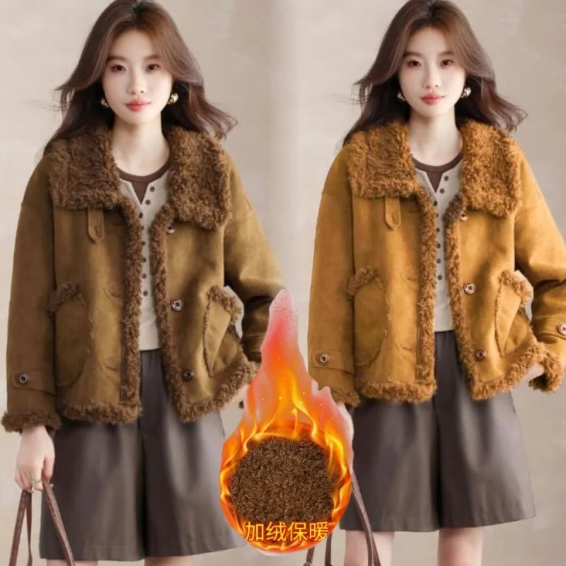 

Lamb Plush Jacket For Women In Winter 2025 Trendy Korean Short Style With Brown Fur Suede Coat Outerwear Single Breasted w1421