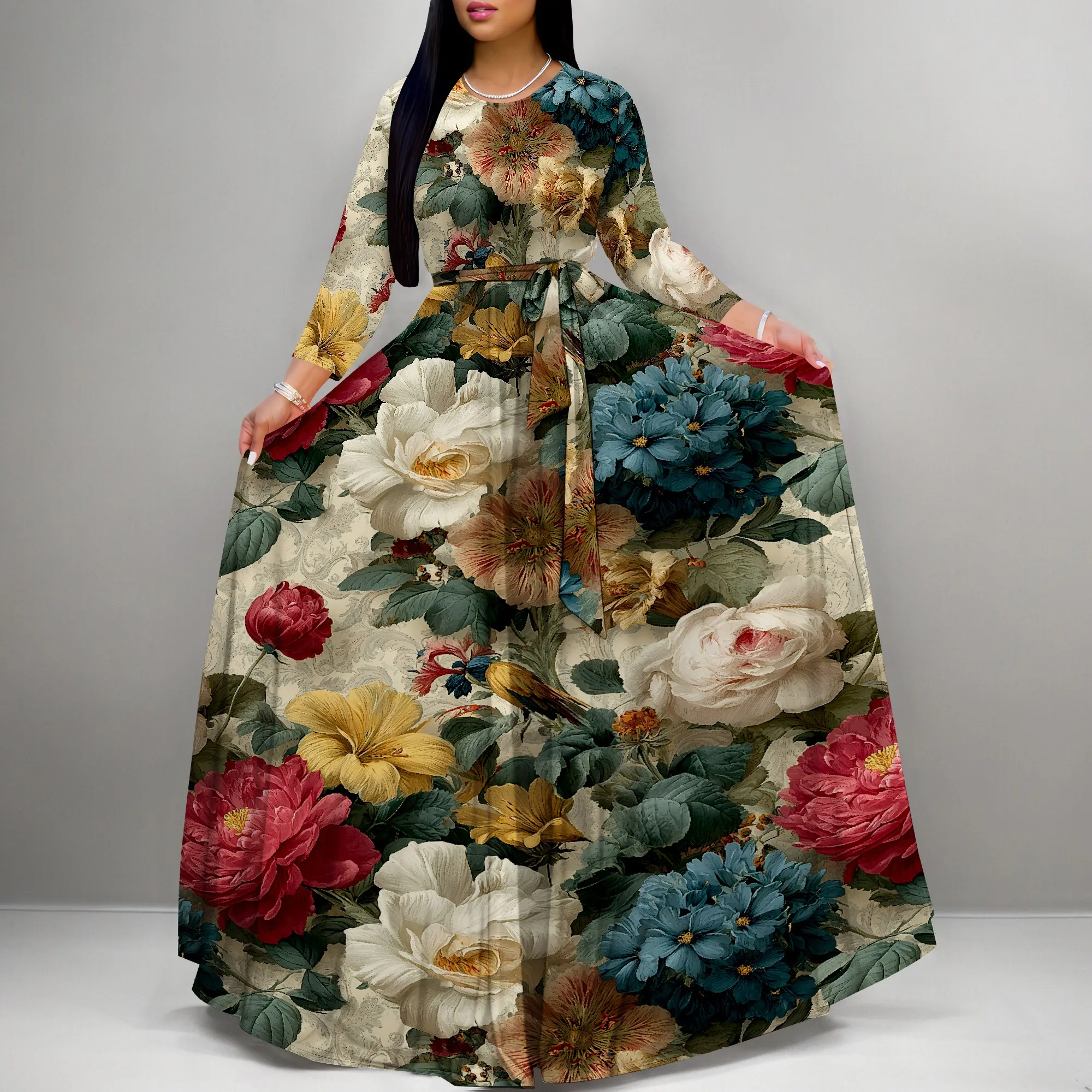 

Retro Floral Print Maxi Dress Women's Long Sleeve Elegant Evening Party Dress