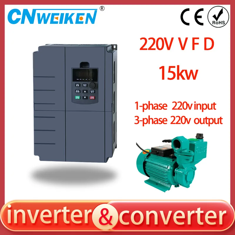 VFD Inverter Freqency Converter 20HP 15KW 220V Single Phase to Three Phase Variable Frequency Inverter Drive Motor Speed Control