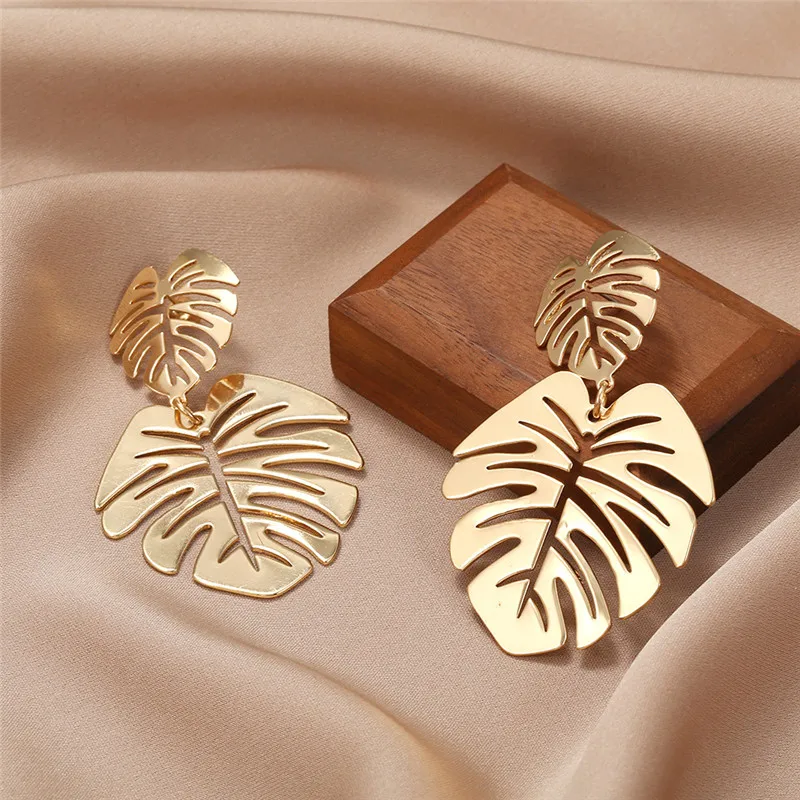 Vintage Metal Monstera Palm Tree Earrings for Women Gold Color Big Leaf Earings Statement Fashion Brincos Jewelry Earring 2024