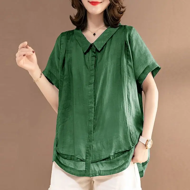 Women T-shirt 2023 Spring Summer V-Neck Loose Short Sleeve Blouses Oversized Solid Color Lapel Casual Elegant Fashion Tops