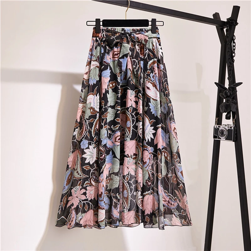 Elegante Dames Zomer Bloemen Chiffon Geplooide Rok Hight Kwaliteit A-Lijn Maxi Tule Lange Rokken