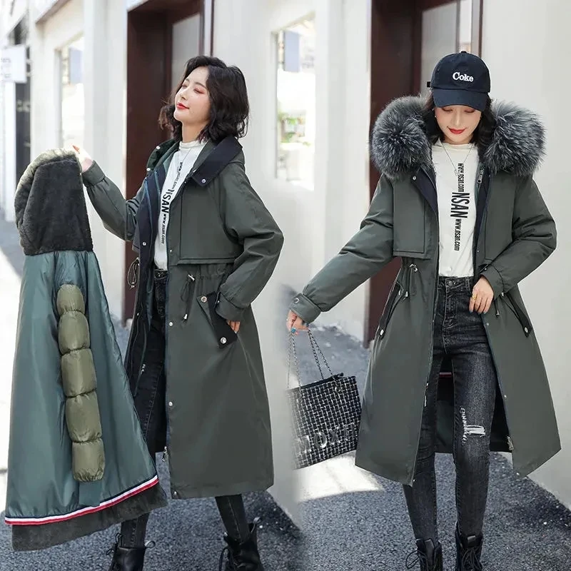 2023 New Women\'s Thick Warm Fur Lining Long Parkas Winter Jacket Fur Collar Hooded Coat Casual Detachable Parkas Mujer