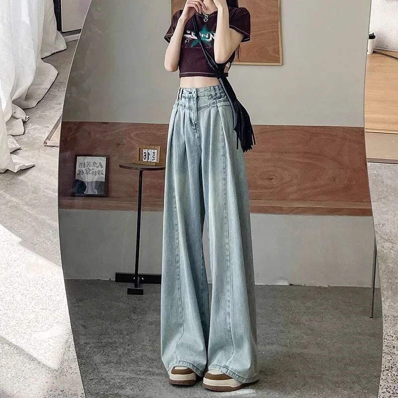 Women Jeans Students Korean Style All-match Age-reducing Youth Fashion Sweet Girl Daily High Waist Wide Leg Designed Trousers