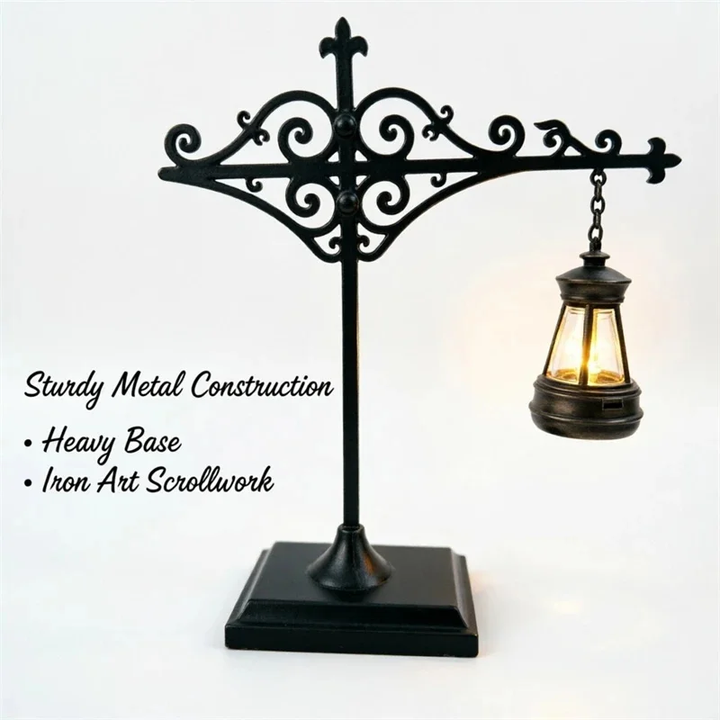 LED Mini Street Lamp Bookend, Illuminated Bookshelf Light Vintage Library, Lantern Bookend Shelf Decor Reading, Room Decoration