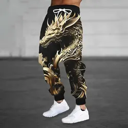 Winter New Thick Warm Pants Men Loose Casual Pocket Drawstring Sports Sweatpants Fashion 3D Dragon Digital Printed Sweatpants