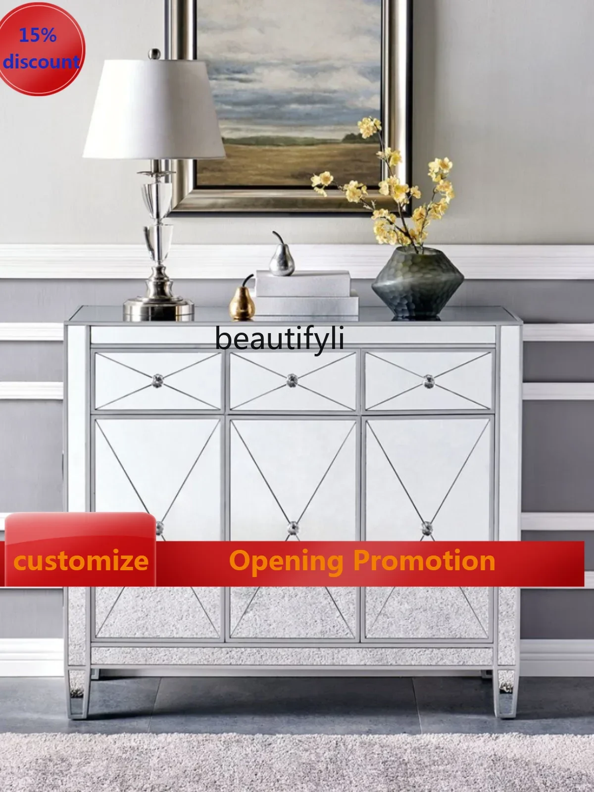 

ss7304Italian Mirror Entrance Cabinet Sideboard Shoe Cabinet Living Room Storage Glass Locker Paint