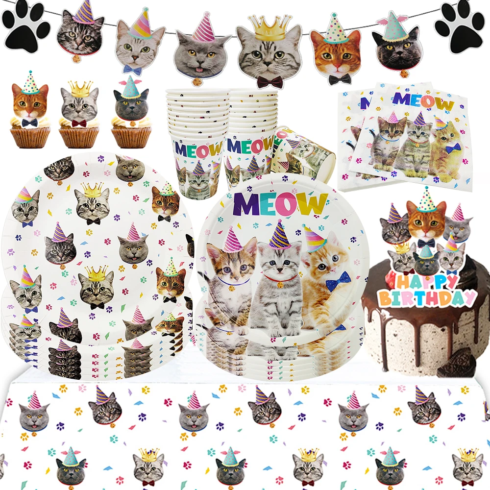 Pet Cats Birthday Party Decoration Cute Kitten Disposable Tableware Paper Plates Cups Banner Kids Cats Theme Party Supplies