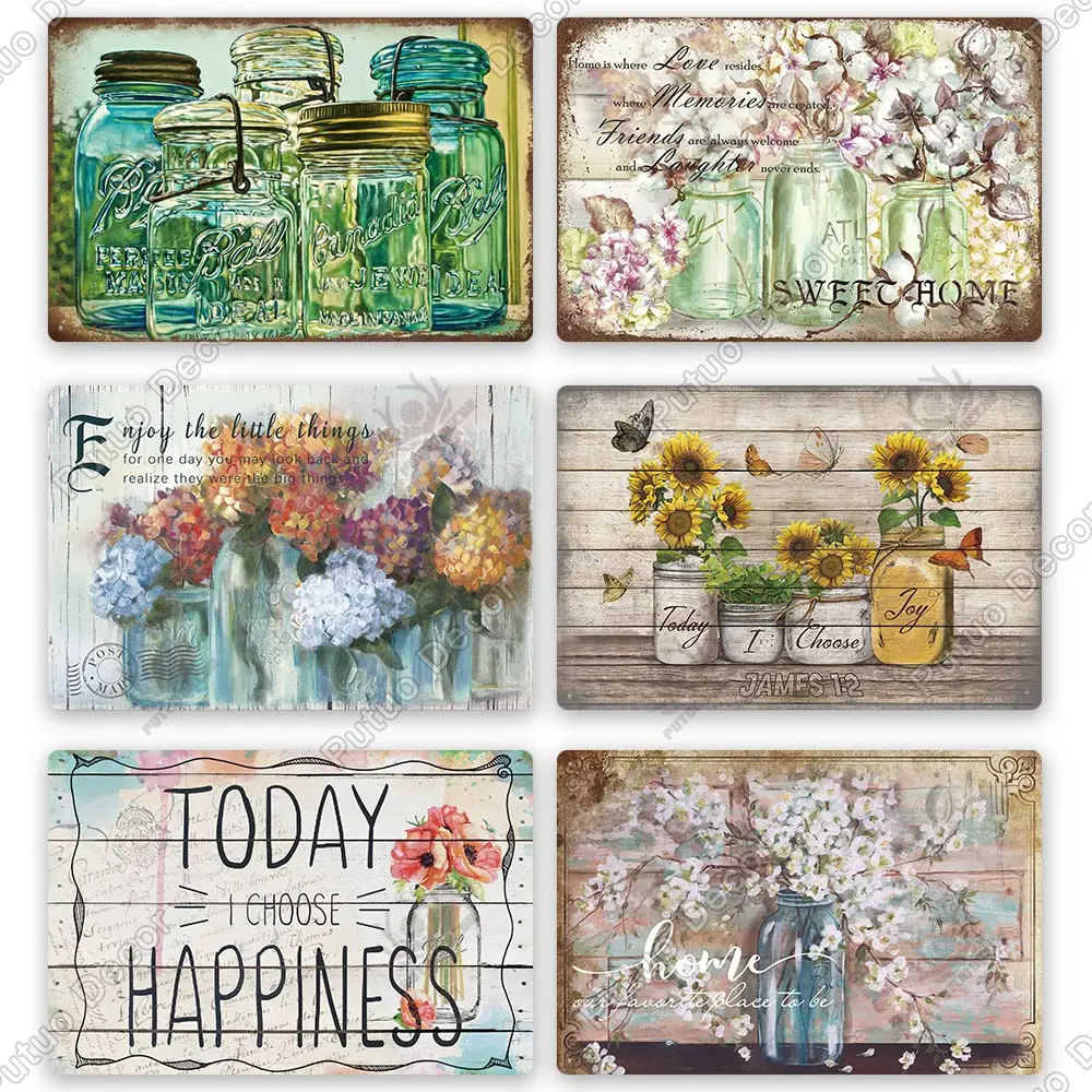 Putuo Decor Mason Jar Flower Vintage Tin Sign Retro Sunflower Metal Signs for Farmhouse Decor Home Garden Living Room Wall Decor
