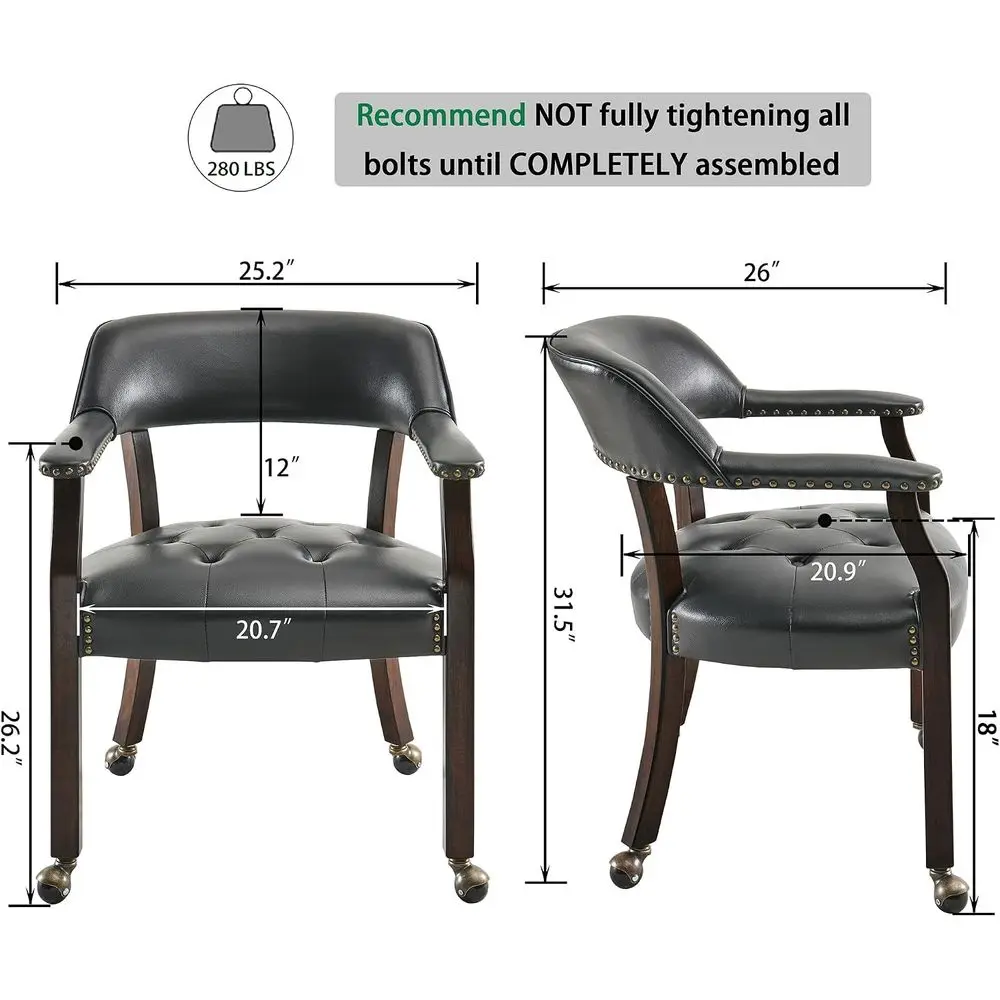 Dining Chair with Casters & Arms, PU Poker Chairs, 360° Move-Black | Kitchen Table Rolling Chairs with Wood Legs, Dining Armchai