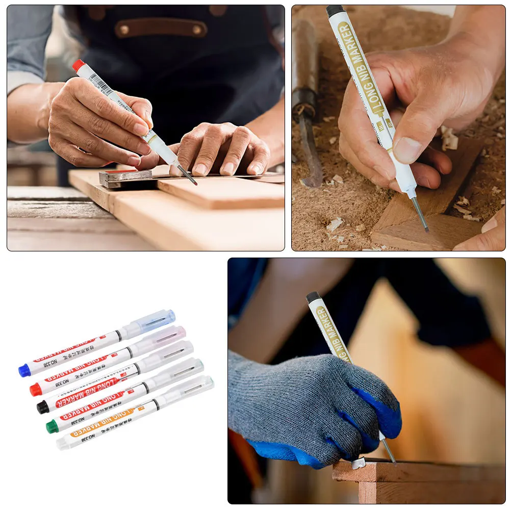 5Pcs Marker Pen Woodworking Long Nib Multi Use Carpenter Tools Paint Pen Deep Hole Long Nib Marker Deep Hole Pens