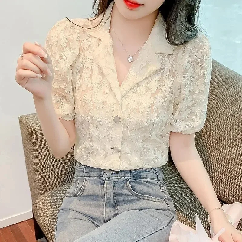 Elegant Hollow Out Lace Blouses Women 2024 Fashion White Casual Tops Mujer Korean Style See Through Puff Sleeve Summer Shirts