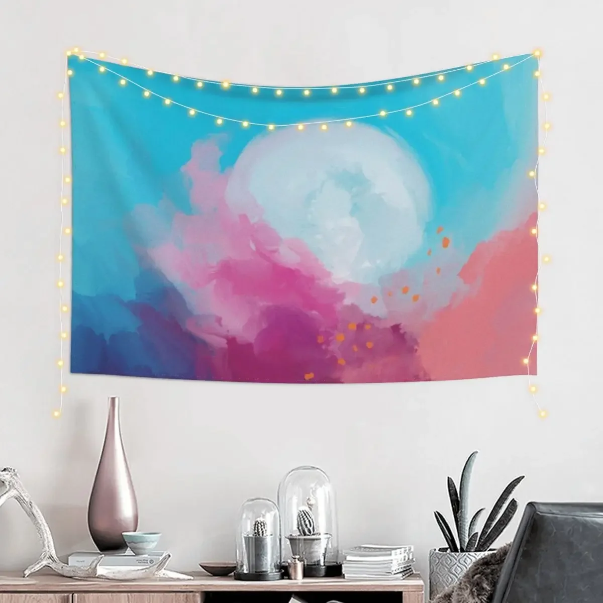 Abstract Dreamy Full Moon - Pink Blue Painting by Morgan Harper Nichols Tapestry Carpet Wall Tapestry