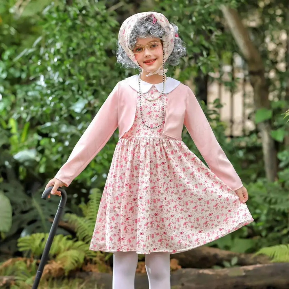 Robe de grand-mère pour filles, ensemble de Cosplay de 100 jours d'école, Costume de 100 jours d'école avec canne à perruque et autres accessoires pour filles