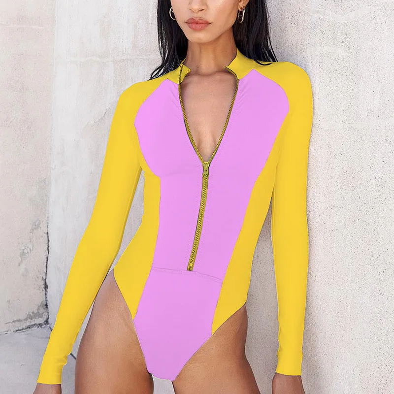 New Sexy Long Sleeves Surf Wear Women Swimwear Color Match Zipper Swimsuit Bathing Suit 2024 Summer Beachwear Female Bodysuit