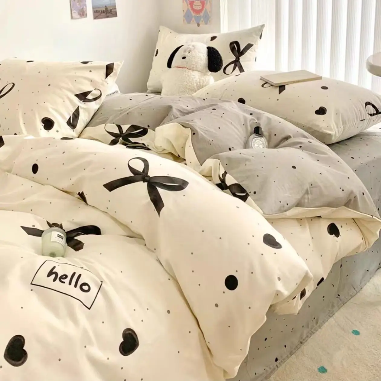 Cute White Black Bow Knot Bedding Set Polyester Fibre Bed Linen Soft Quilt Cover Sheet Simple Bedspread Girl Adult Home Textiles