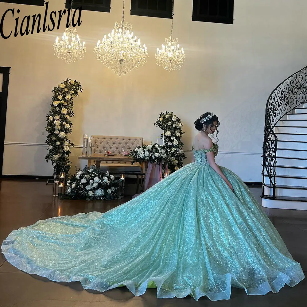 Vestido De baile De quinceañera con cuentas De cristal, Apliques De encaje, corsé, hombros descubiertos, Verde menta, purpurina, 15 Años