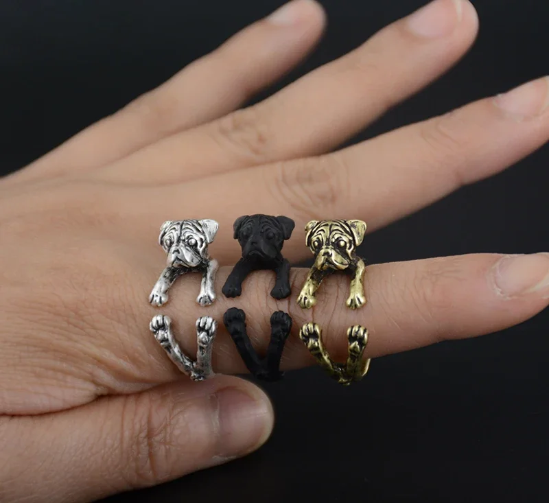 Antique Retro Funny Pug Dog Ring Men Jewelry Lover Animal Anillos Mujer Hippie Rings for Women Aneis Best Friend Gift