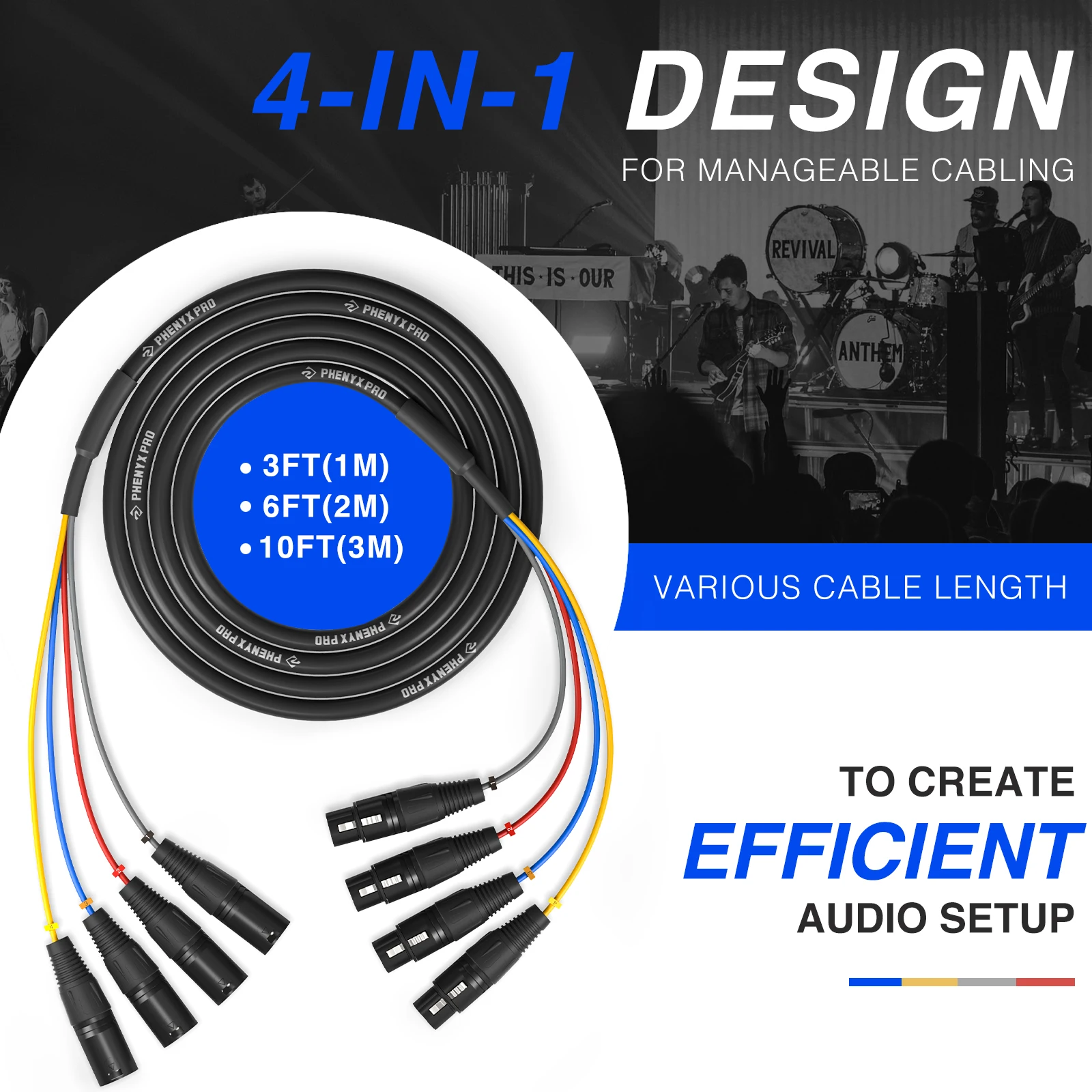 Phenyx Pro 4 Channel XLR Cables, w/ 100% 24AWG OFC Copper & Color Codes, for Wireless Microphone Systems, IEM, Mixer (3/6/10ft)