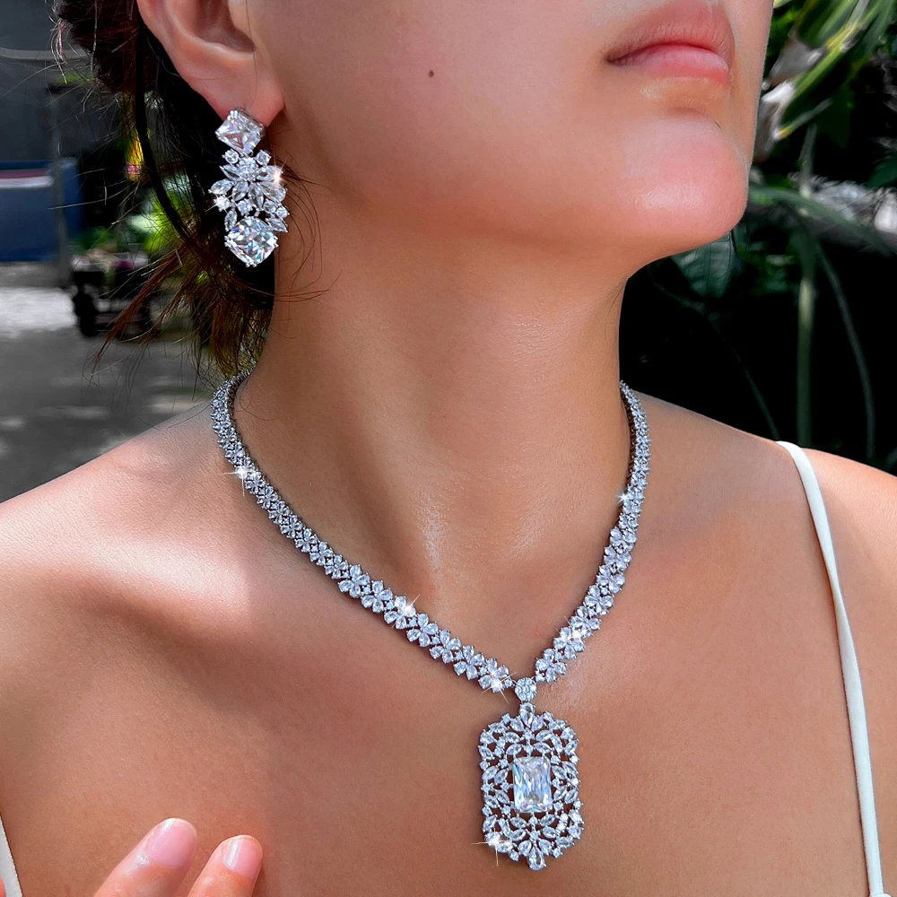 CWWZircons Prachtvolle Dubai Königsblaue Kubische Zirkonia Große Blumen-Braut-Halskette Schmucksets Hochzeitsfeier Damen-Accessoires T0721 – Detail 5