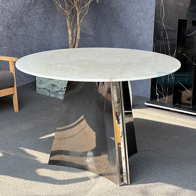 

Italian Natural White Onyx Marble Top Dining Table Set for Villa Hotel Dining Room with Roma Column and Round Top