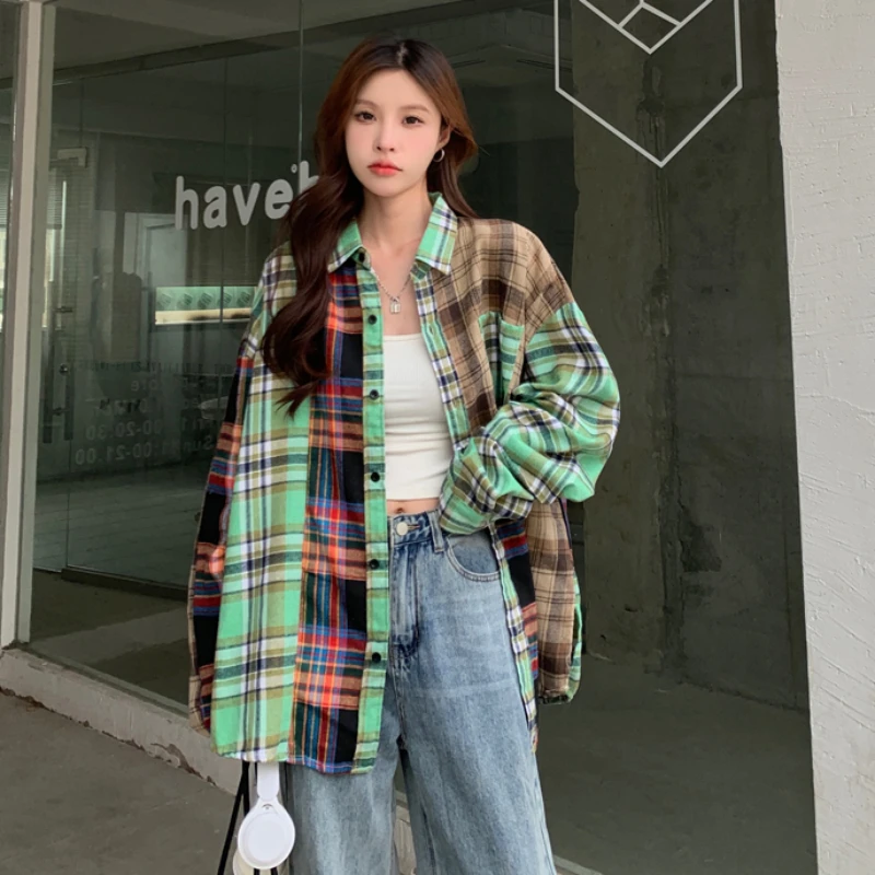 Shirts Women Patchwork Contrast Color All-match High Street Harajuku Casual Long Sleeve Aesthetic Popular Clothing Summer Daily