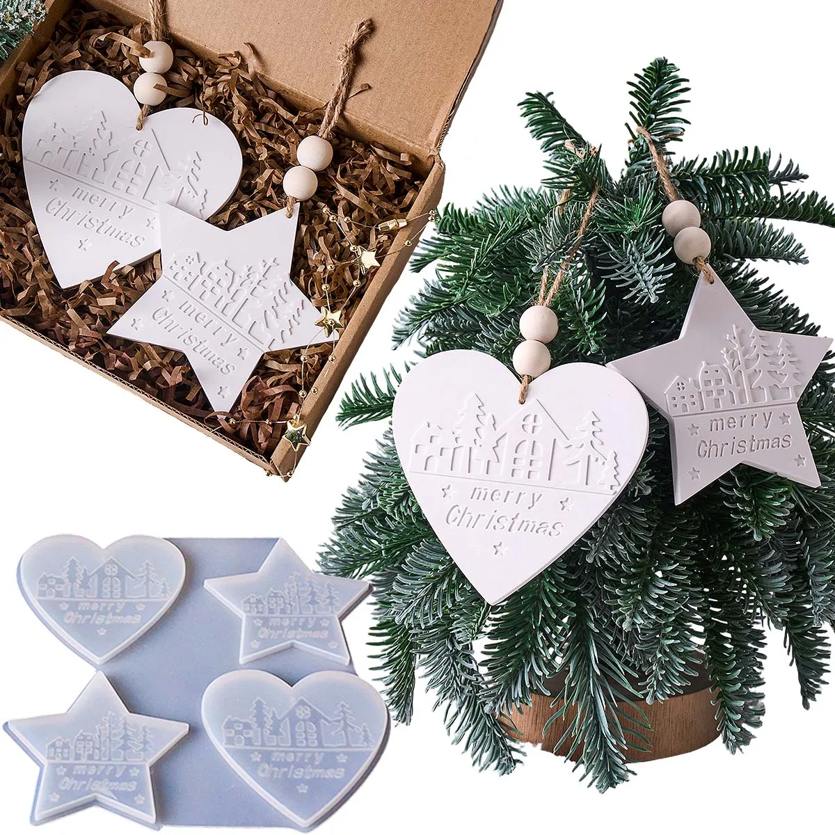 Weihnachts-Herz-Stern-Anhänger Silikonform DIY Weihnachtsbaum-Hängeornament Bastelzubehör Gips-Harz-Formen Weihnachtsdekoration für Zuhause