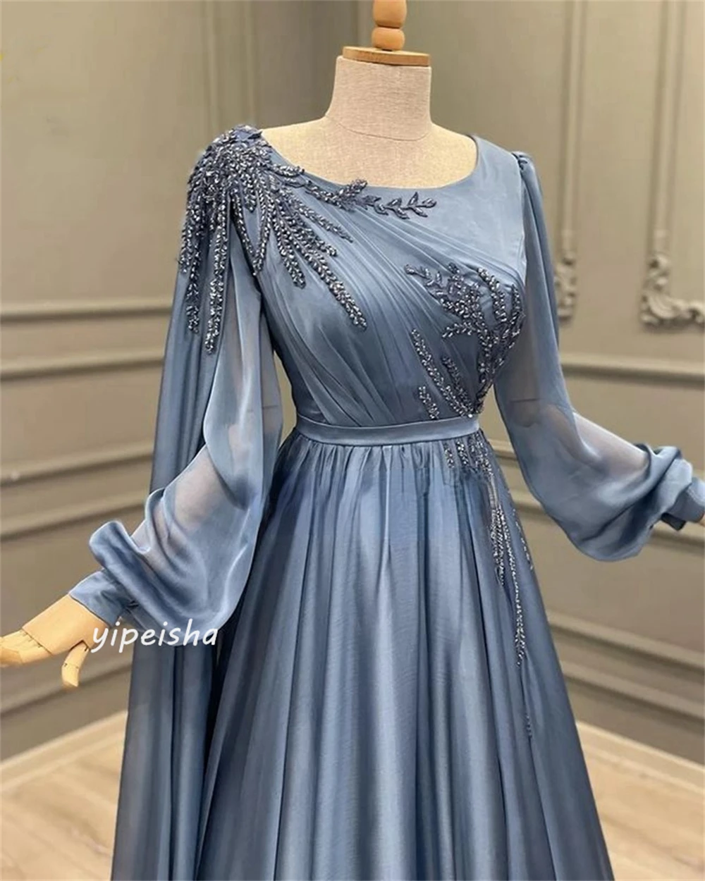 Jiayigong Sparkle Exquisite  Evening Satin Sequined Beading Ruched Formal  A-line O-Neck Bespoke Occasion Gown Long Dresses