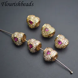 10pc 10mm 18k Gold Plated Garnet Color CZ Heart Shape Big Hole Metal Spacer Beads for DIY Bracelet Jewelry Making