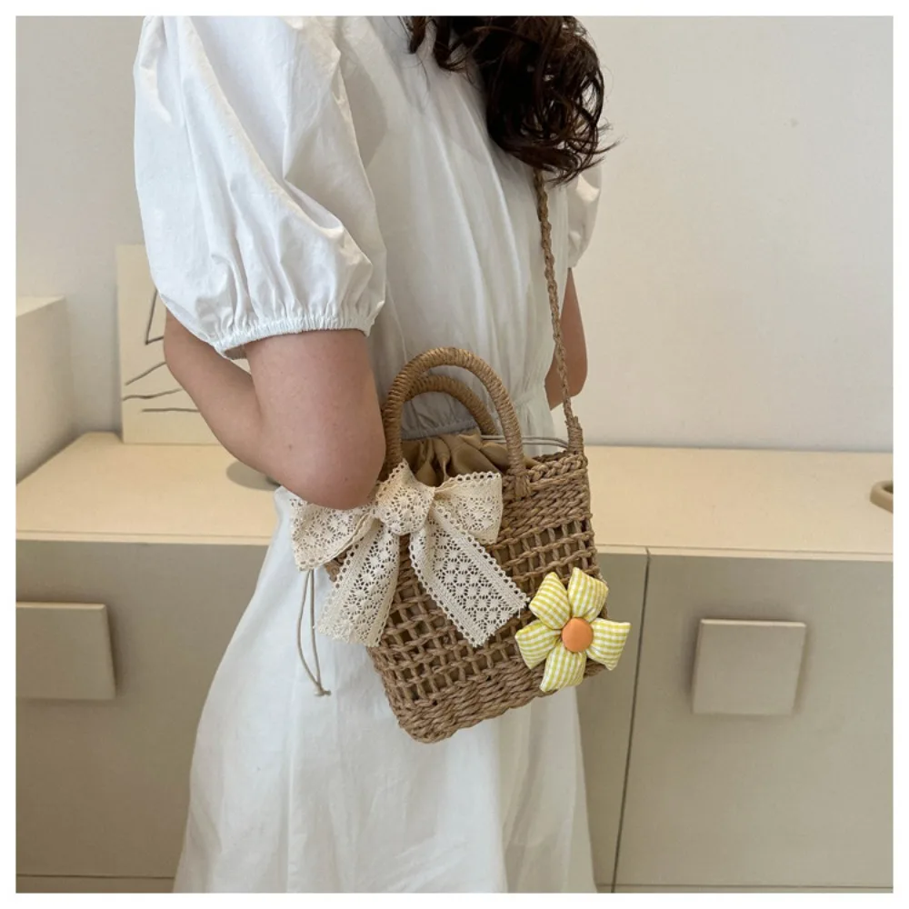 New Weave Lace Bow Handbag Dacron Square Shape Straw Weave Bag Small Bucket Tote Bag