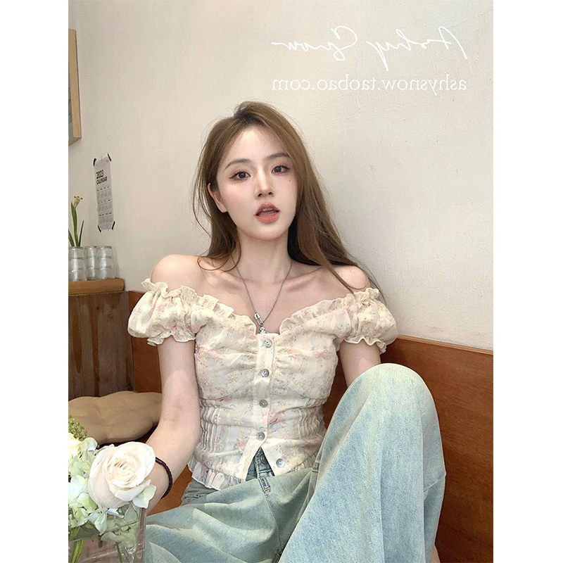 MEXZT Cropped Slash Neck Shirts Women Vintage Elegant Floral Embroidery Blouses Streetwear Korean Sexy Off Shoulder Crop Tops