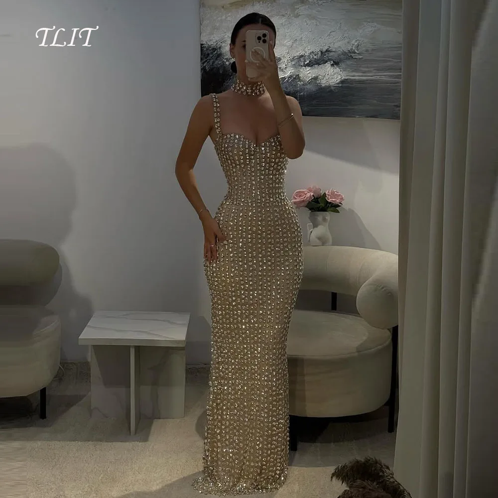 

TLIT Sparkly Beading Long Evening Dress Arabic Women Appliques Crystal Spaghetti Strap Dresses Customized Robe de soiree