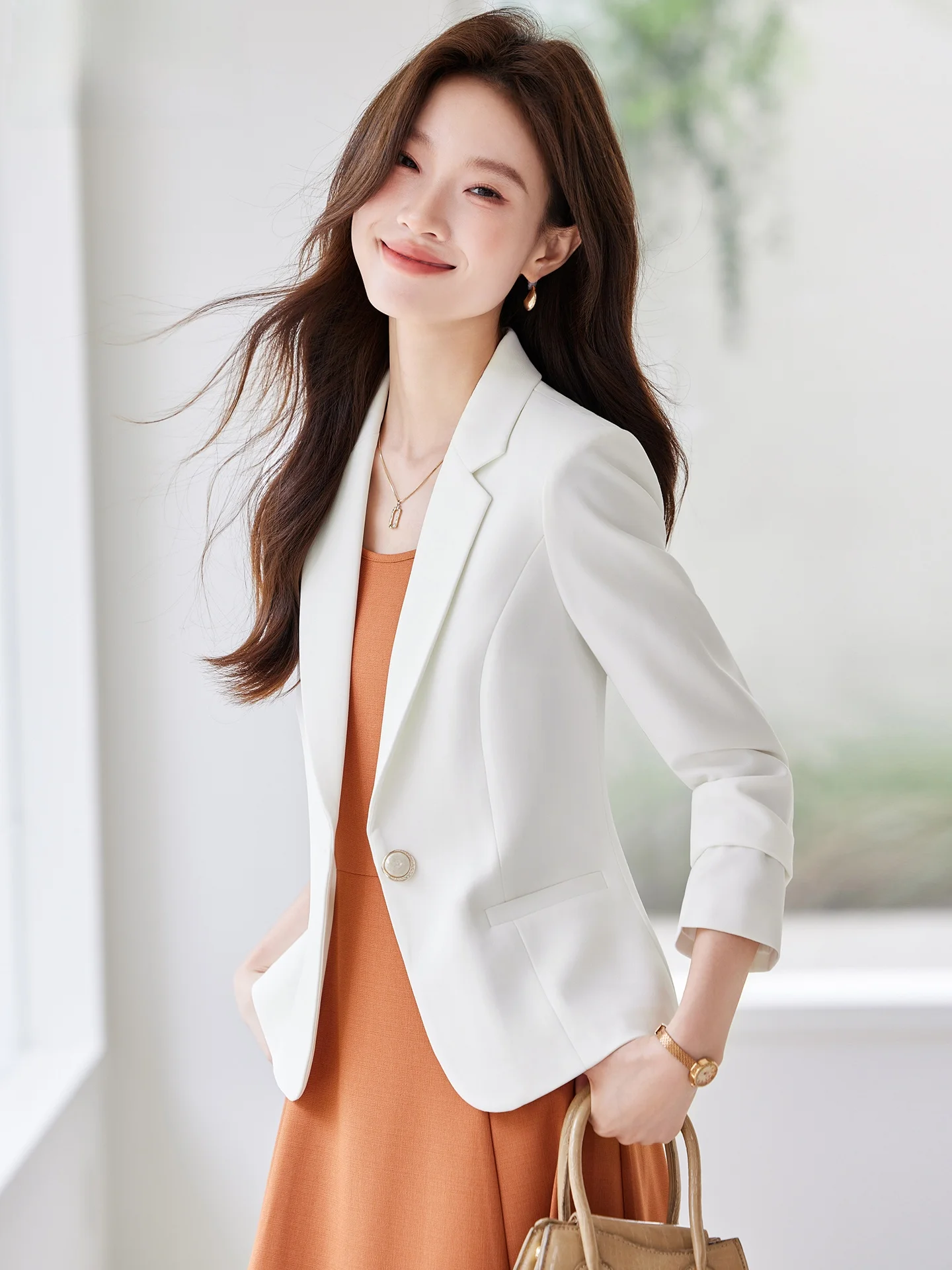

Women's White Slim Fit Suit Jacket Commute Style Long Sleeve Polyester Fiber Breathable Fashionable Inner Dress Set