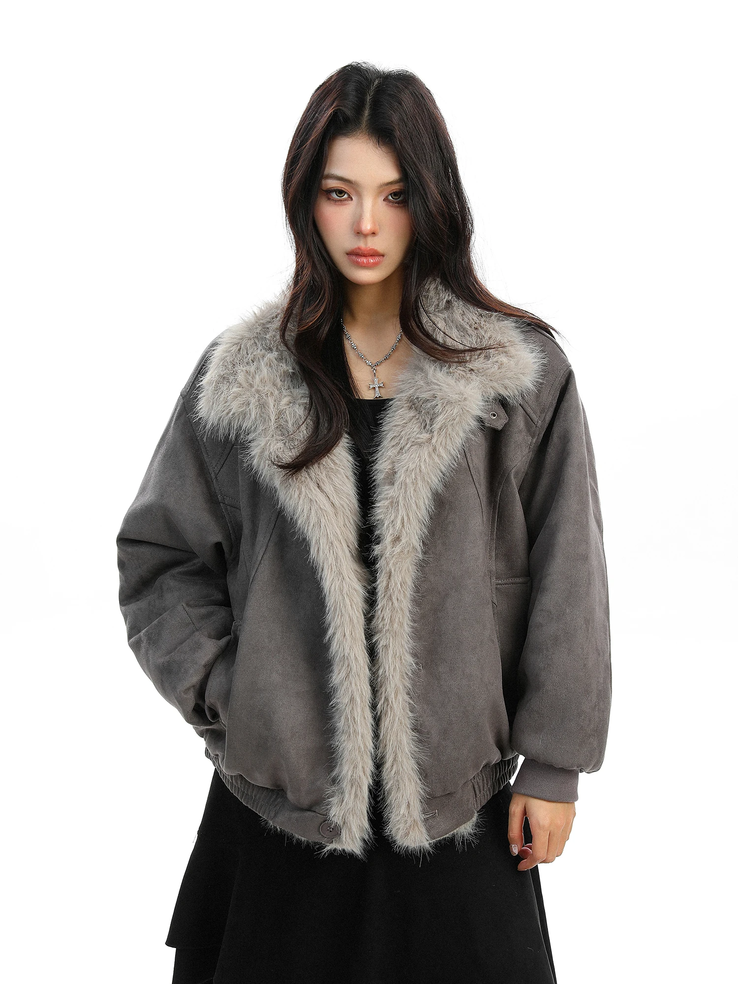 

Thiened American Sle Suede Collar Women's Cotton Jaet Winter Warm Couple's Cotton Coat Outerwear Retro Loose Fit Long S...