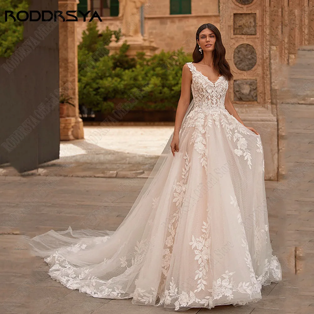 

RODDRSYA V-Neck A-Line Wedding Dresses 2024 Sleeveless Applique Backless Boho Bridal Gowns Custom Made Lace Robe De Mariée