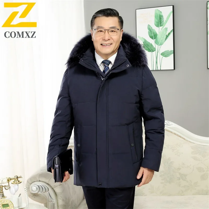 COMXZ Luxury Men Down Jacket Fur Collar Hooded Outdoor Work Cold Protection Puffer Coat Solid Color Travel Windproof Winter Coat
