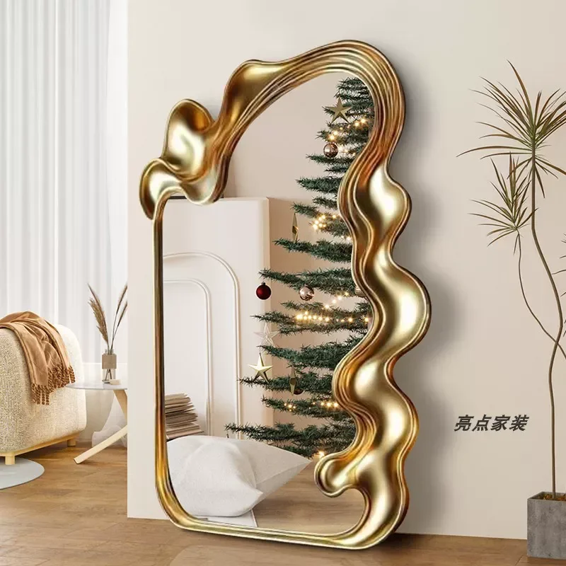 Retro High End Floor Mirror Art Entry Full Length Mirror Special Shaped Creative Wall Mounted Fitting Mirror Wavy
